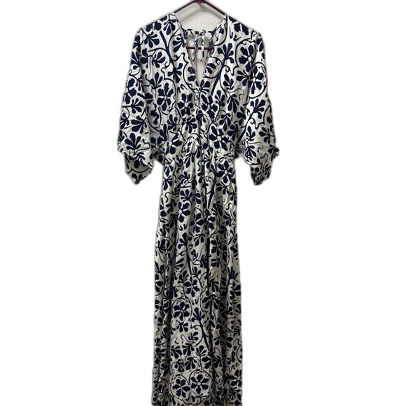 Baltic Born Juna Kimono Dress Maxi White Navy XL Floral Boho nursing friendly - Picture 2 of 6